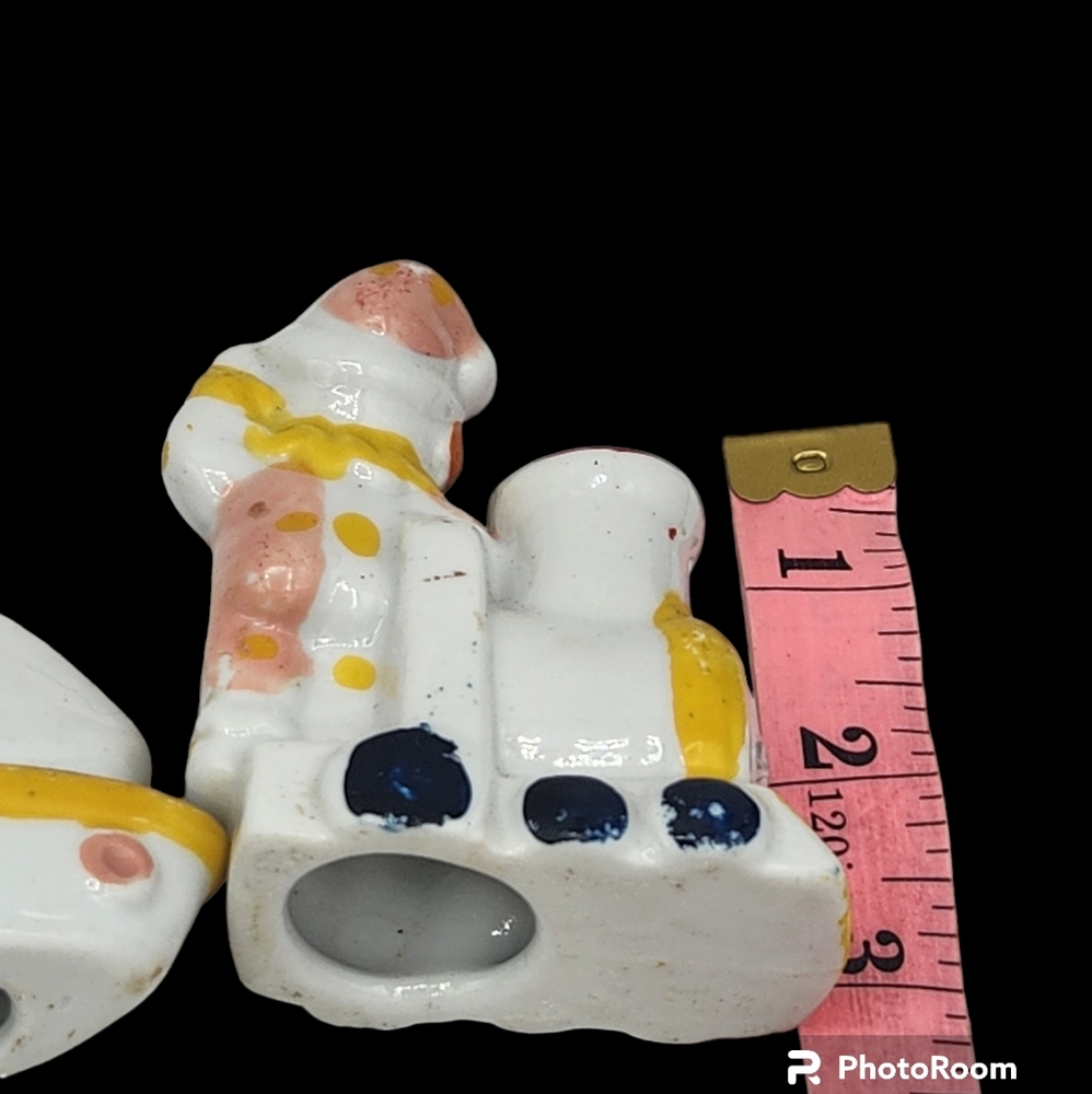 Porcelain Clown Figurines Pair Riding Train and Boat Set of 2 - Picture 4 of 4